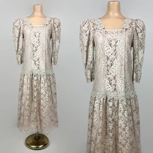 VINTAGE 80s does 20s Sheer Mocha Lace Romantic Drop Waist Dress by Cachet 8/10